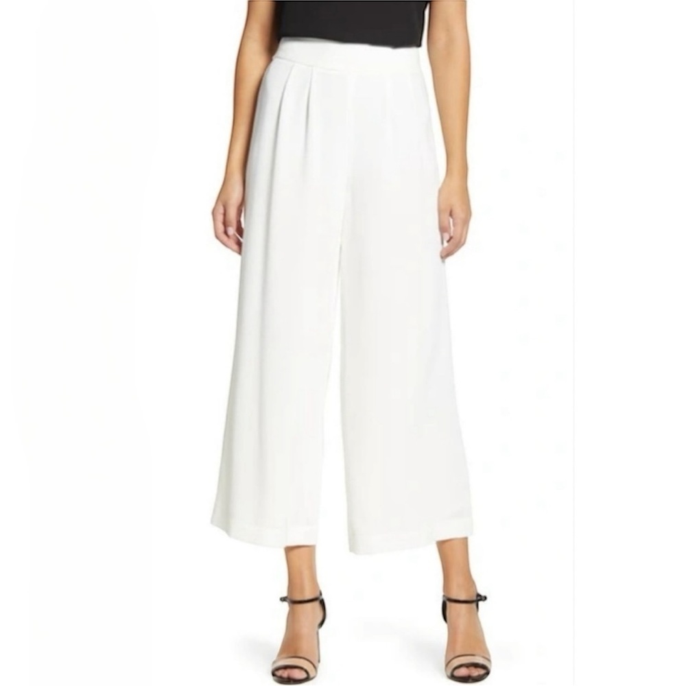NEW 1. State Crepe Wide-Leg Cropped Ecru Cream Pants High-Waisted